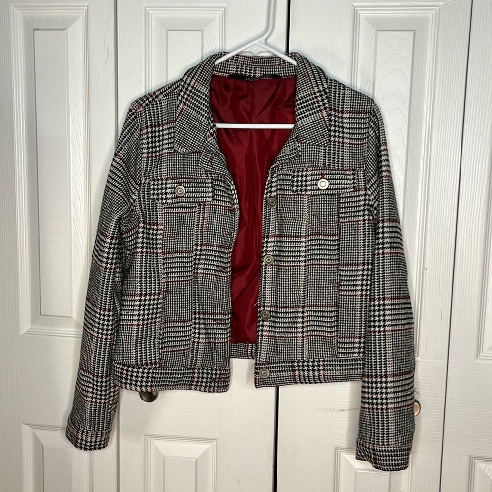 Stoosh Black/White/Red Houndstooth Jacket, Jean Jacket Style